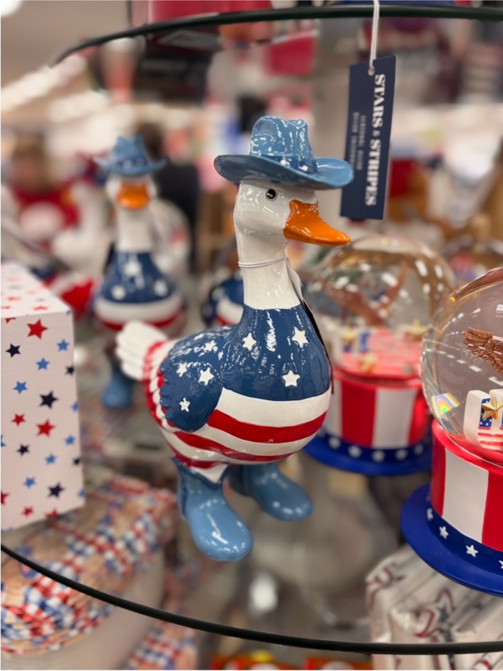 Patriotic Americana Duck Figurine with cowboy hat - Blue/Red/White